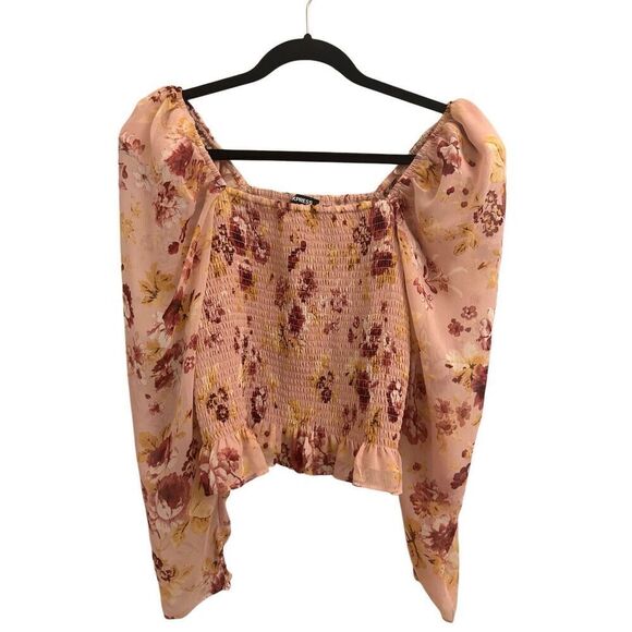 Express smocked floral blouse boho sheer sleeves M cottagecore romantic - Picture 2 of 8
